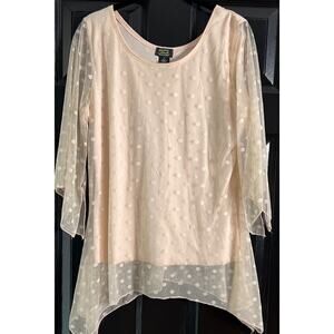 Shannon Ford New York 3/4 Sleeve Size L Blouse Sheer Polka Dot Pink Asymmetrical